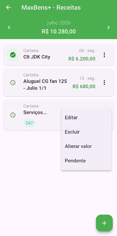 Extrato de Receitas e Menu